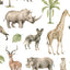 Entdecke wunderschöne Illustrationen im Aquarellstil von Nashorn, Giraffe, Flusspferd und weiteren Tierarten.